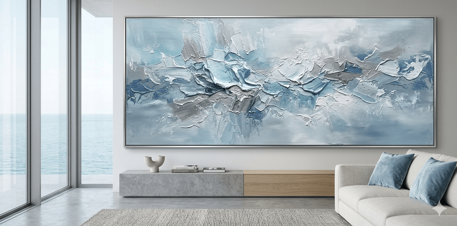 Minimalist home office with a large horizontal glacier blue textured painting mounted on a light grey wall.