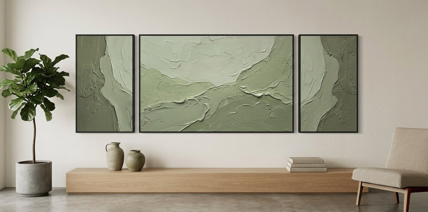 Modern minimalist bedroom featuring a large horizontal olive green textured painting above a walnut bed frame.