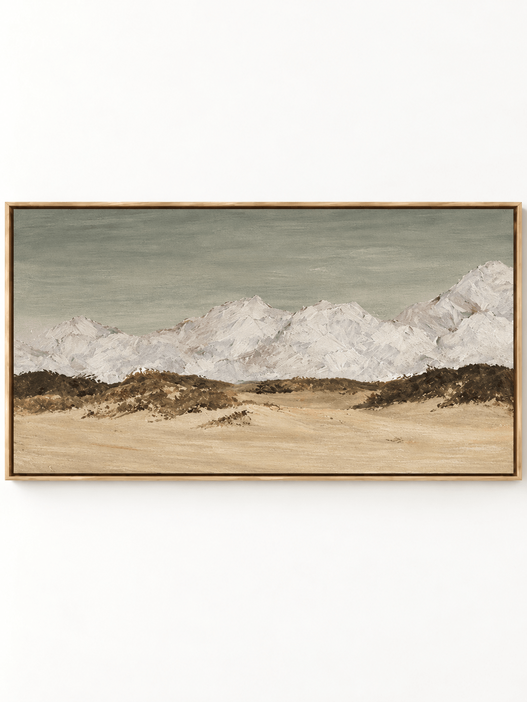 Hand-painted textured mountain landscape with snowy peaks, sage gray sky and warm beige foreground by Evelyn Li.