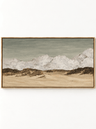 Hand-painted textured mountain landscape with snowy peaks, sage gray sky and warm beige foreground by Evelyn Li.