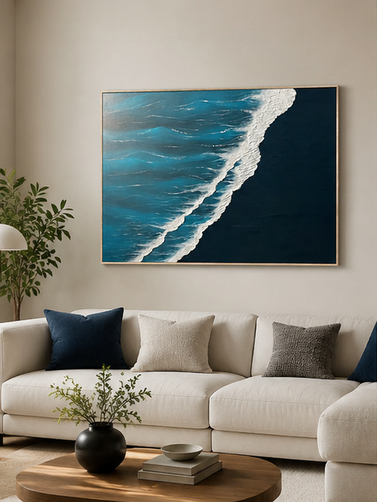 Teal and navy textured ocean wave painting displayed above a neutral sofa in a modern living room