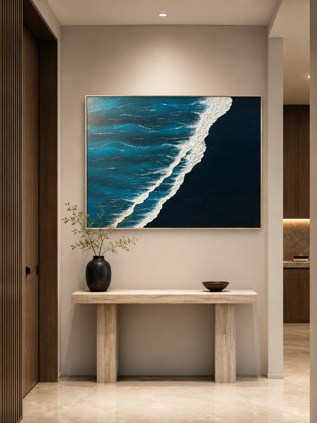 Modern teal ocean wave painting displayed above a wide wood console in a contemporary entryway