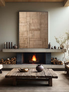 Large hand-painted geometric abstract canvas painting with heavy plaster texture in taupe and brown by Eliot Vermeer for minimalist living room decor.