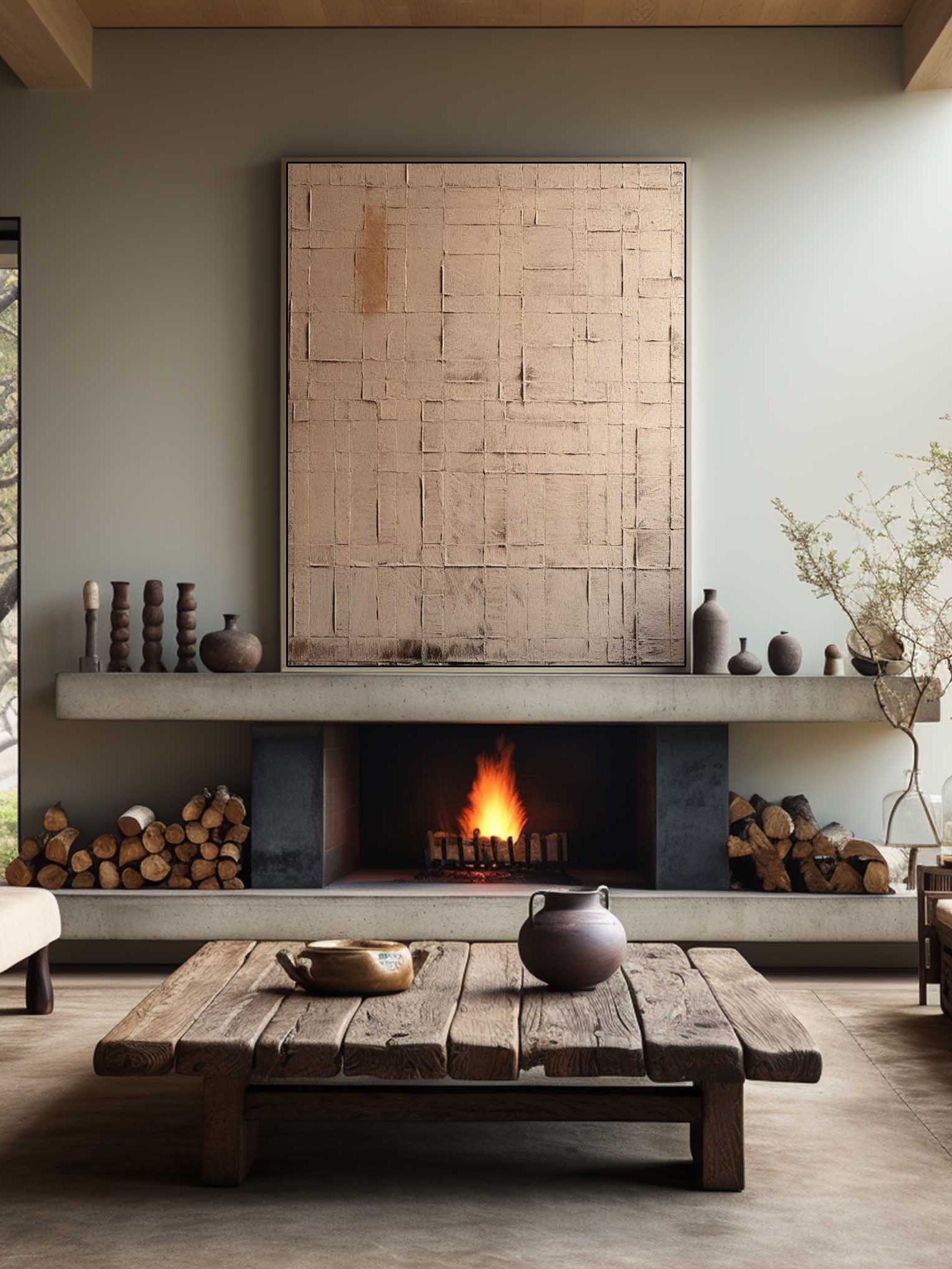 Hand-painted minimalist geometric abstract wall art featuring textured beige and taupe rectangular patterns on canvas, modern neutral artwork for contemporary living room decor.