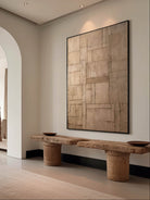 Large hand-painted geometric abstract canvas painting with heavy plaster texture in taupe and brown by Eliot Vermeer for minimalist living room decor.