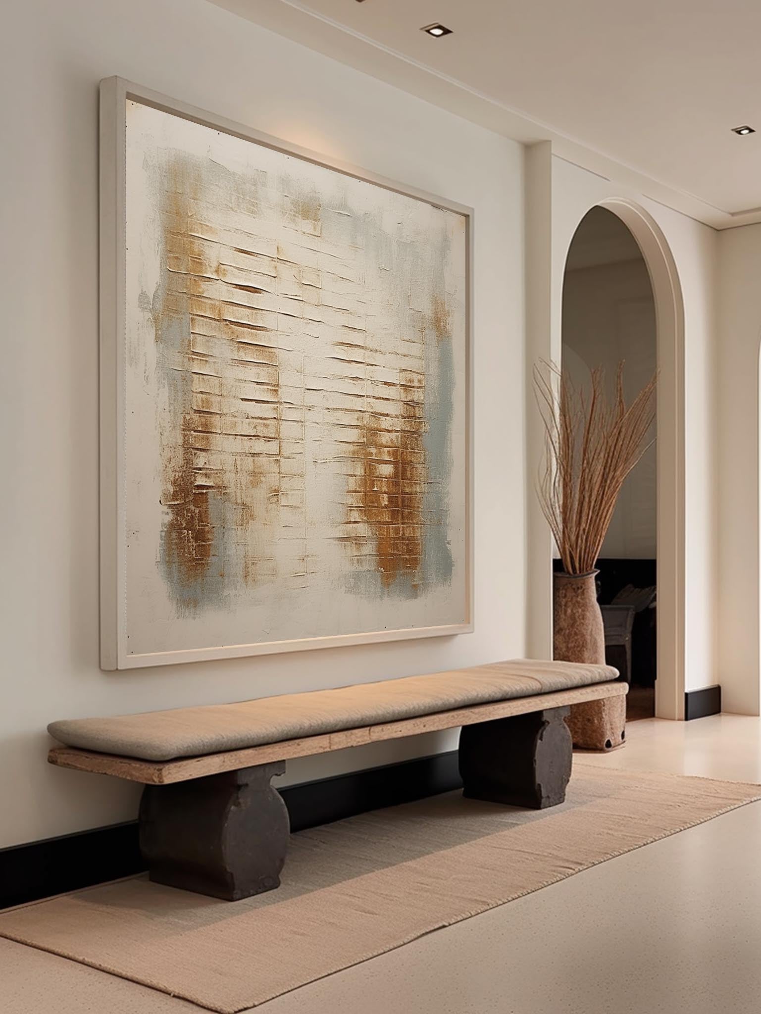 Close-up of layered palette-knife texture on architectural abstract painting