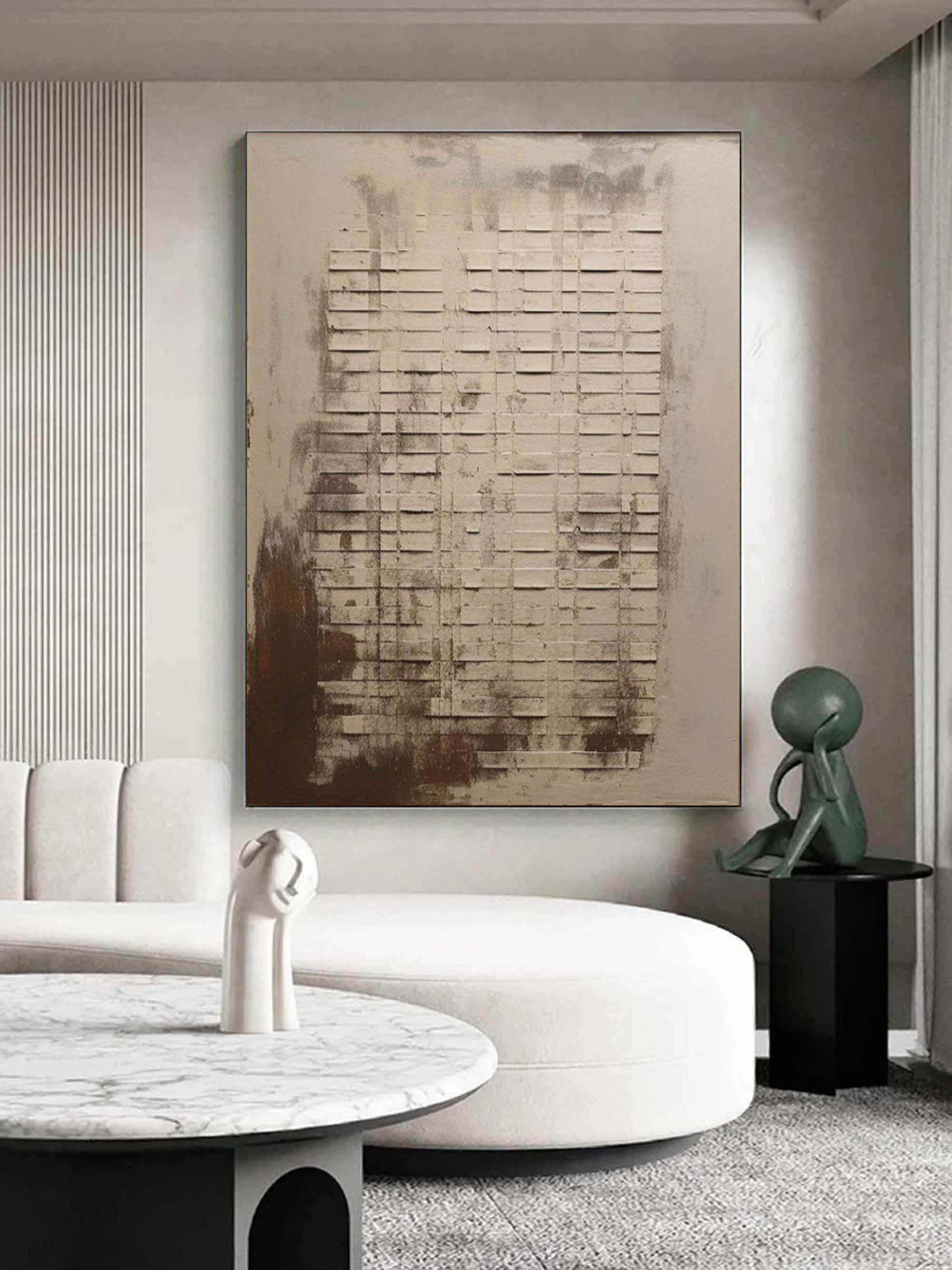 Large hand-painted modern abstract canvas painting with 3D plaster geometric grid texture in cement grey and rust brown by Eliot Vermeer for modern living room.