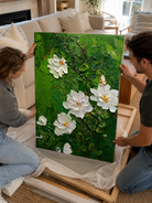 Emerald botanical wall art with white blossoms and textured palette knife details