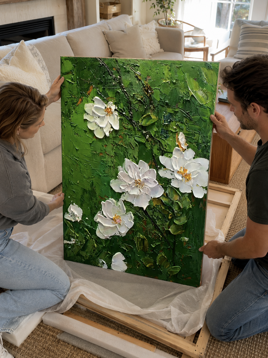 Emerald botanical wall art with white blossoms and textured palette knife details