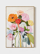 Modern abstract textured floral wall art with colorful pink, orange, blue and yellow flowers on a white background
