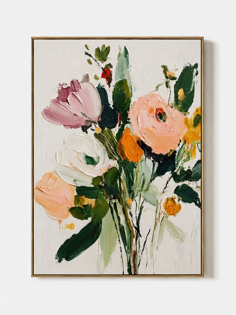 Modern impasto floral bouquet wall art in blush, peach, cream and deep green on a white background