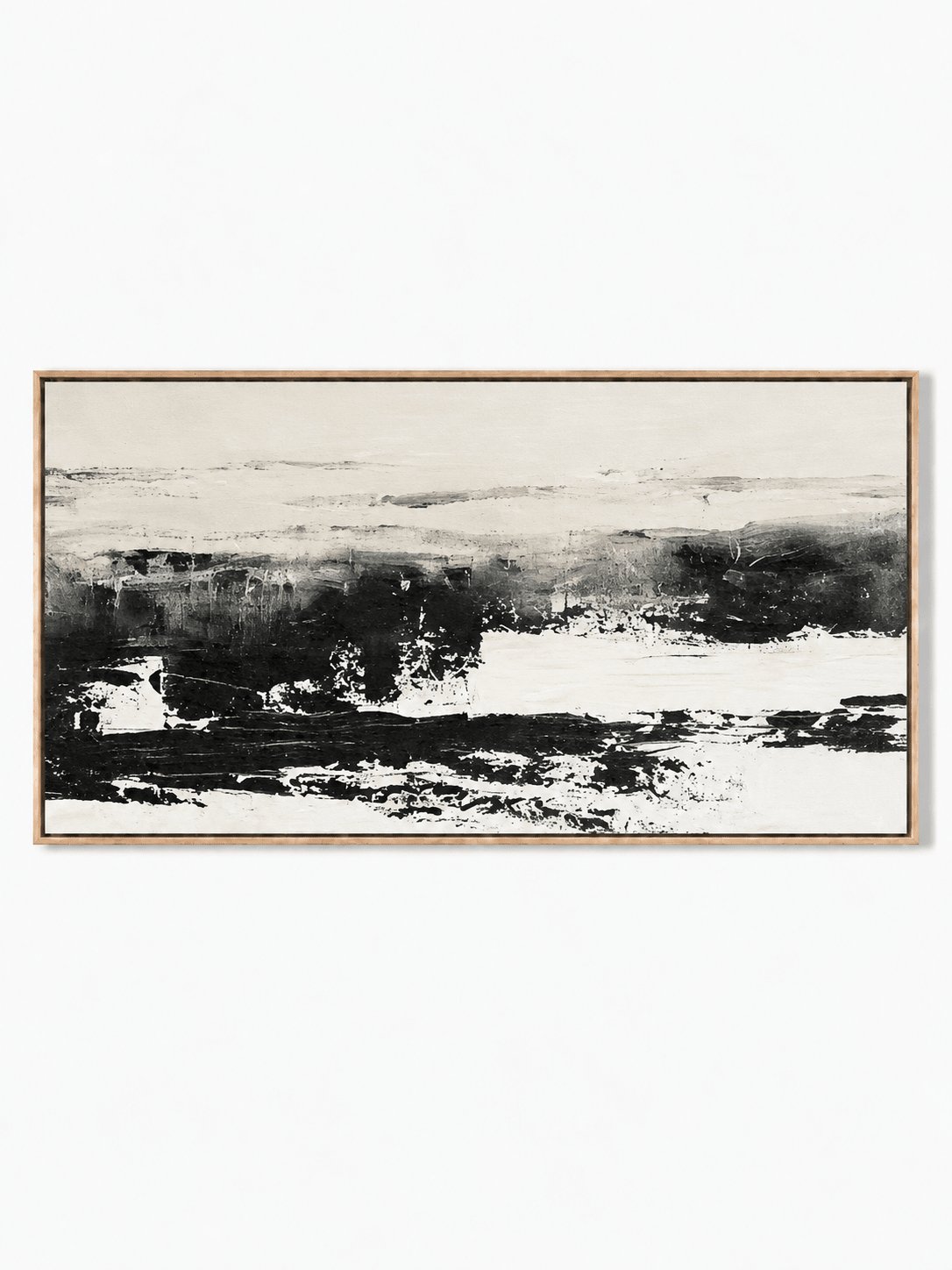 Hand-painted minimalist black and white abstract landscape painting with horizontal brushstrokes by Evelyn Li