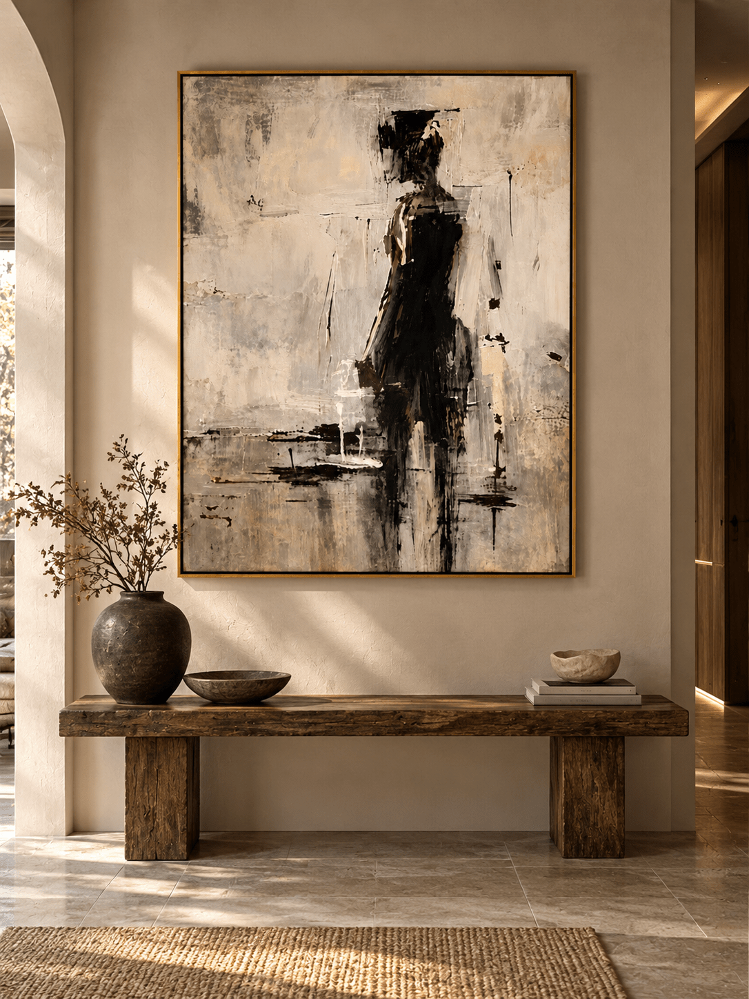 Minimalist woman in black wall art displayed in a refined entryway with beige, black and natural wood accents.