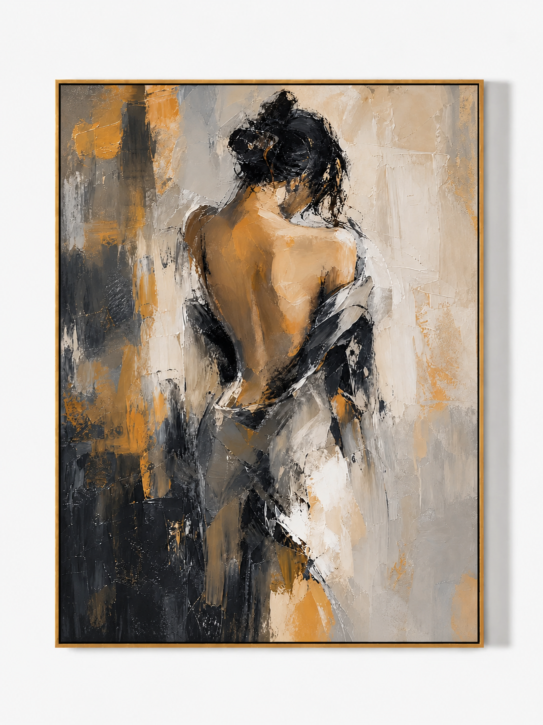 Hand-painted expressive abstract female figure in black, ochre, ivory and gray tones by Eleanor Hayes.