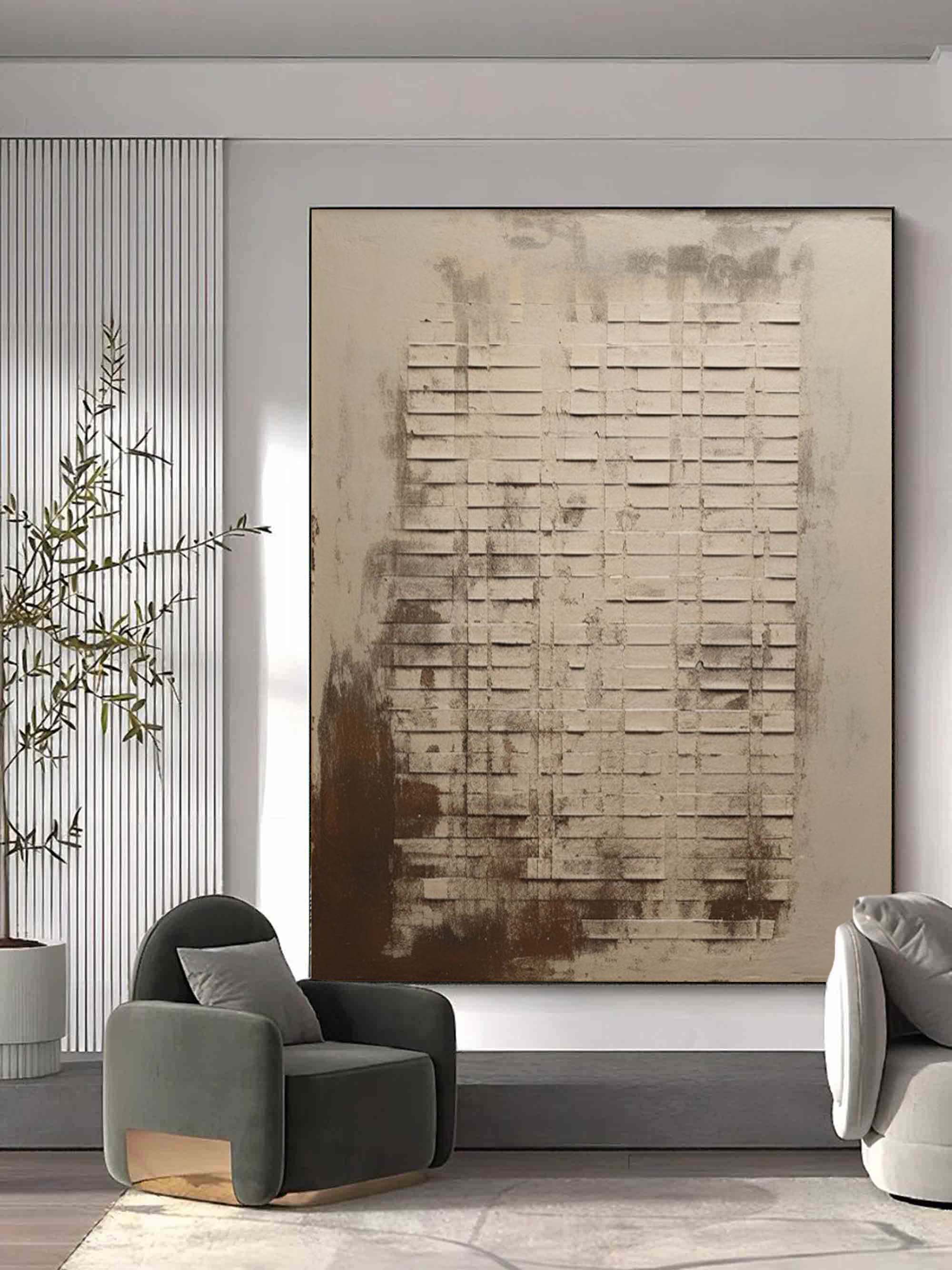 Large hand-painted modern abstract canvas painting with 3D plaster geometric grid texture in cement grey and rust brown by Eliot Vermeer for modern living room.