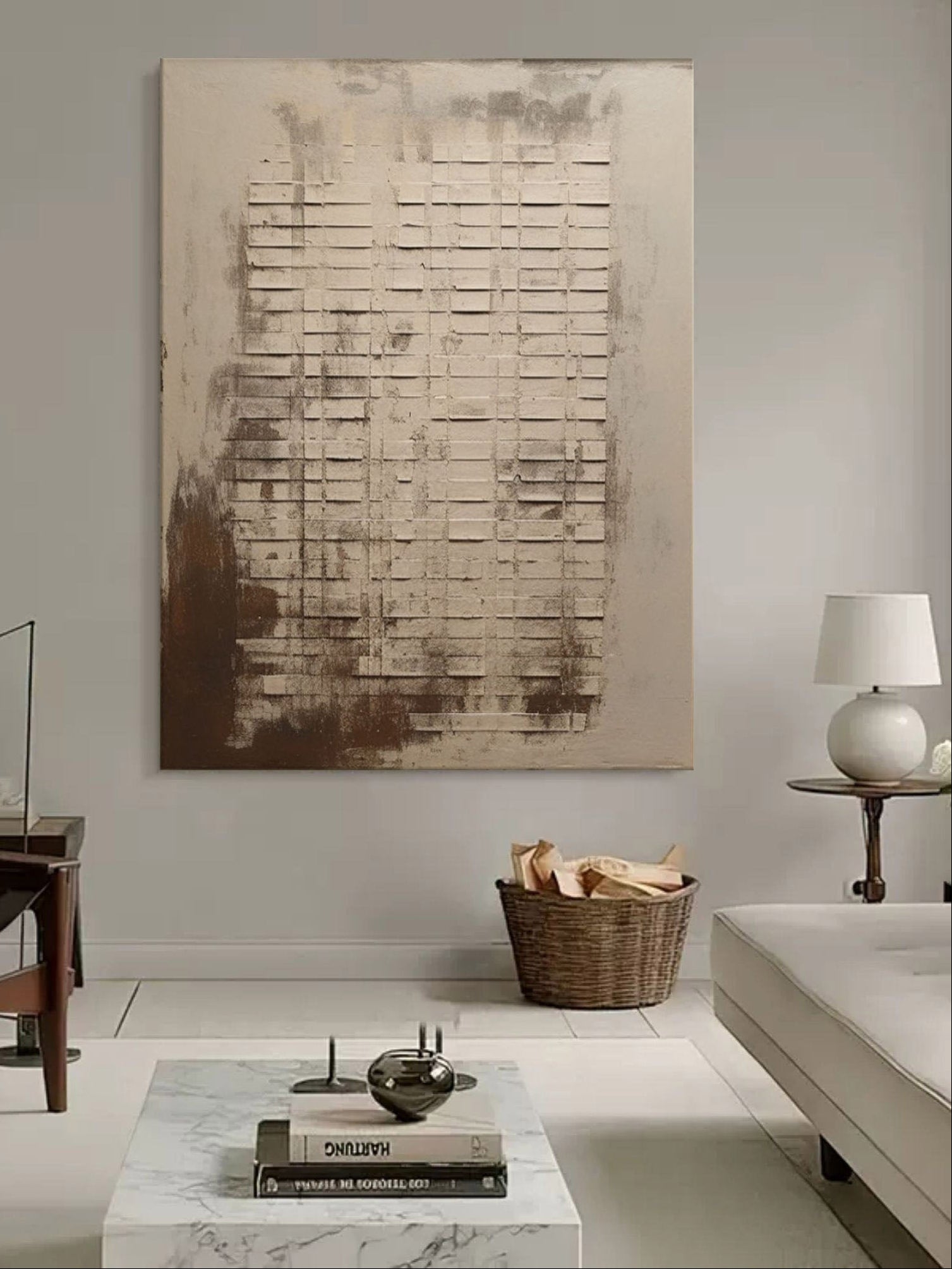 Large hand-painted modern abstract canvas painting with 3D plaster geometric grid texture in cement grey and rust brown by Eliot Vermeer for modern living room.