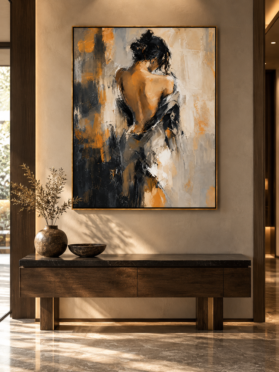 Textured figurative painting of a woman in black and ochre tones displayed in a refined modern entryway.