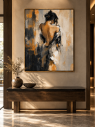 Textured figurative painting of a woman in black and ochre tones displayed in a refined modern entryway.