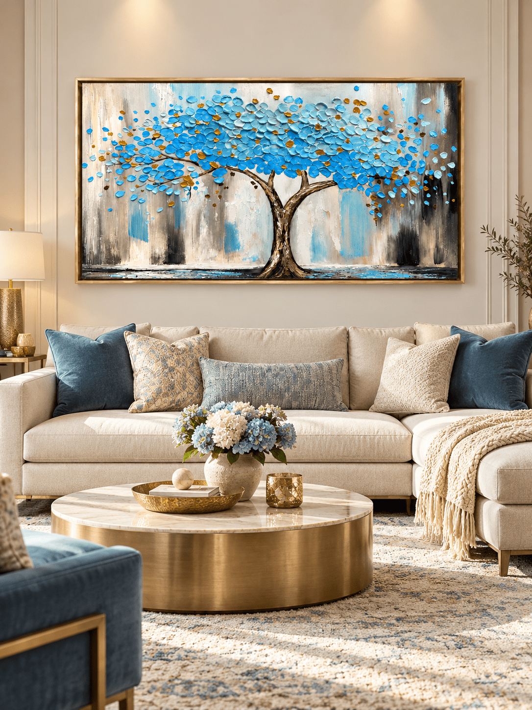 Textured blue Tree of Life canvas painting displayed above a sofa in a modern neutral living room.