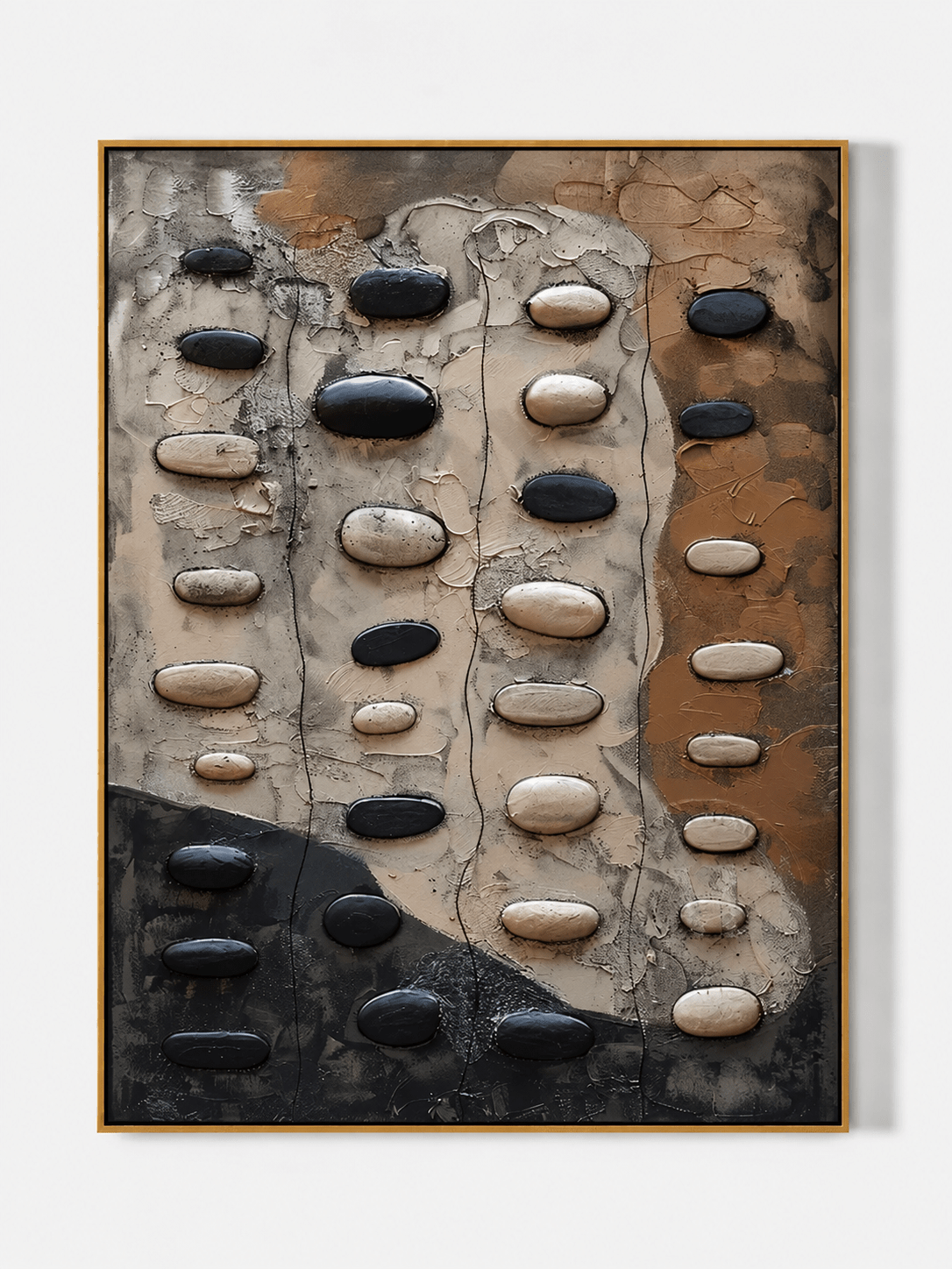 Vertical textured wabi-sabi pebble 3D relief canvas painting by Eliot Vermeer - WABI Wall Art