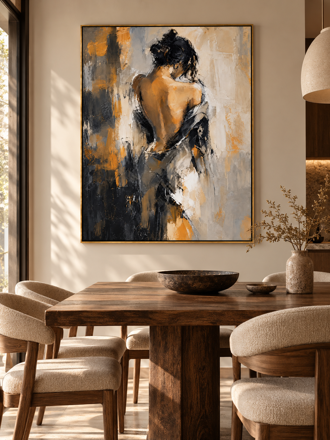Hand-painted abstract female figure wall art displayed in a contemporary open dining room with neutral decor.