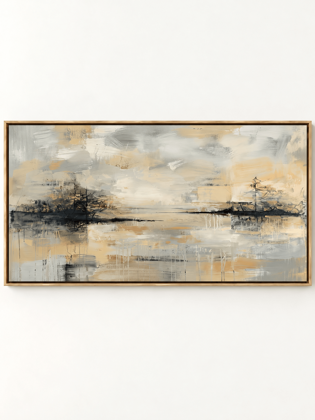 Minimalist horizontal golden misty lake landscape oil painting on canvas by Evelyn Li - WABI Wall Art