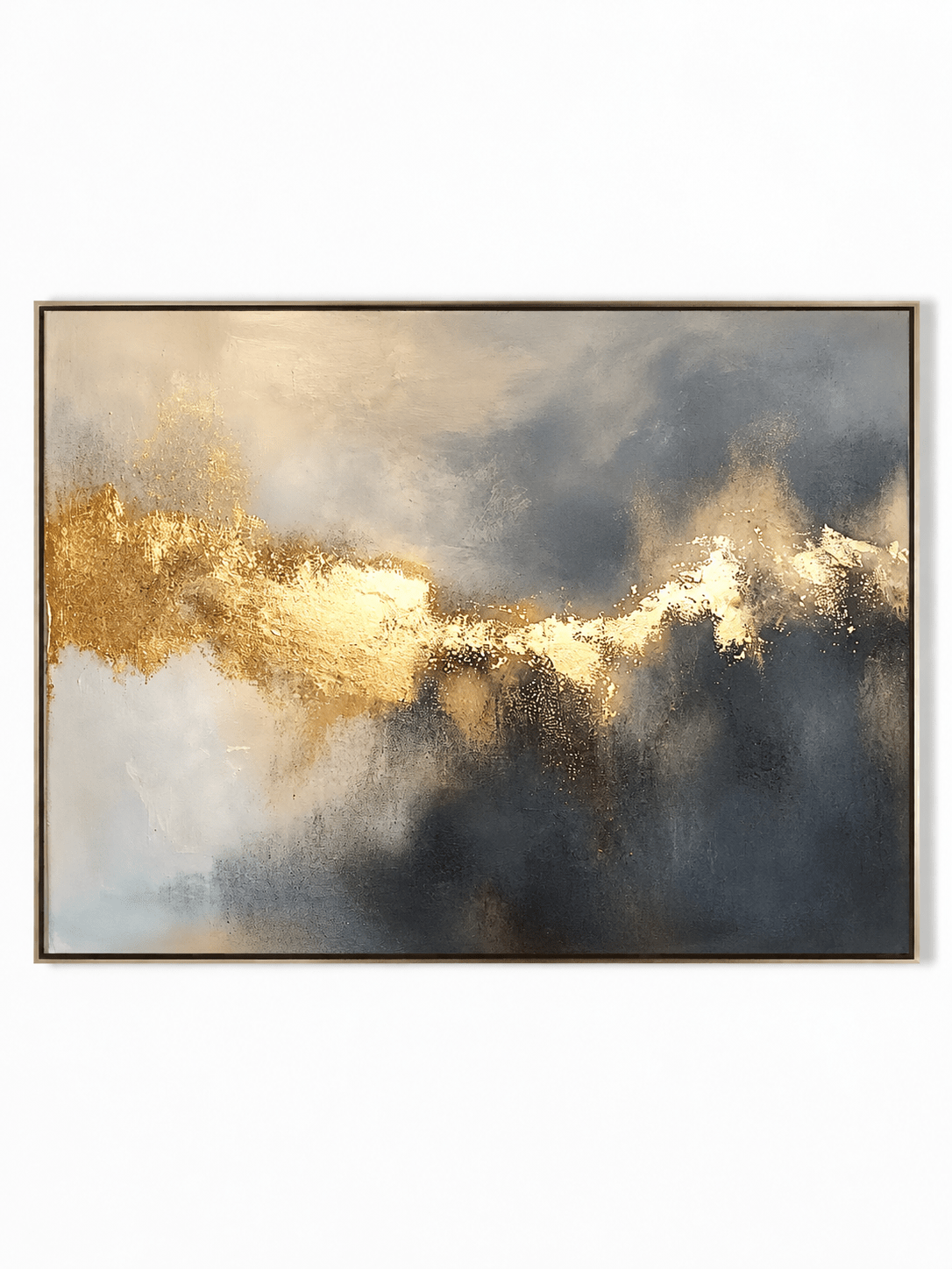 Horizontal modern abstract gold foil and navy blue oil painting on canvas by Evelyn Li - WABI Wall Art