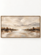 Minimalist horizontal autumn river landscape oil painting on canvas by Evelyn Li - WABI Wall Art