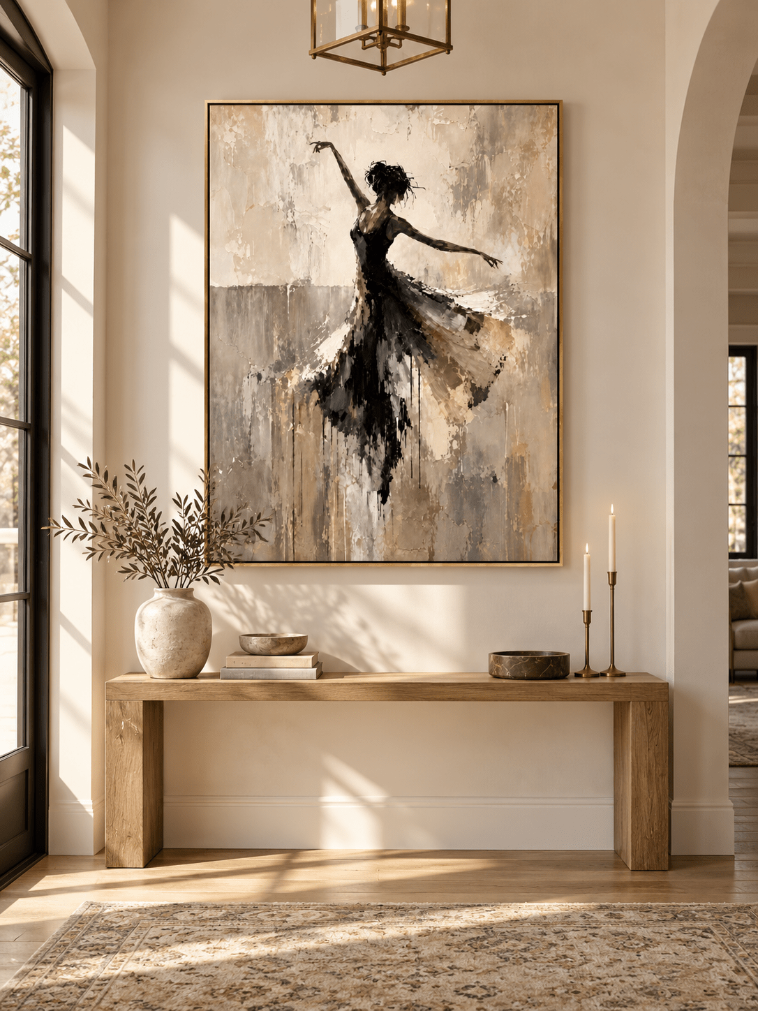 Modern abstract ballerina wall art in black, beige and taupe tones displayed in a refined entryway.