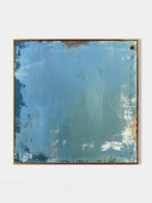 Large blue textured abstract oil painting, hand-painted Wabi-sabi wall art for modern living room by Akari Kobayashi.