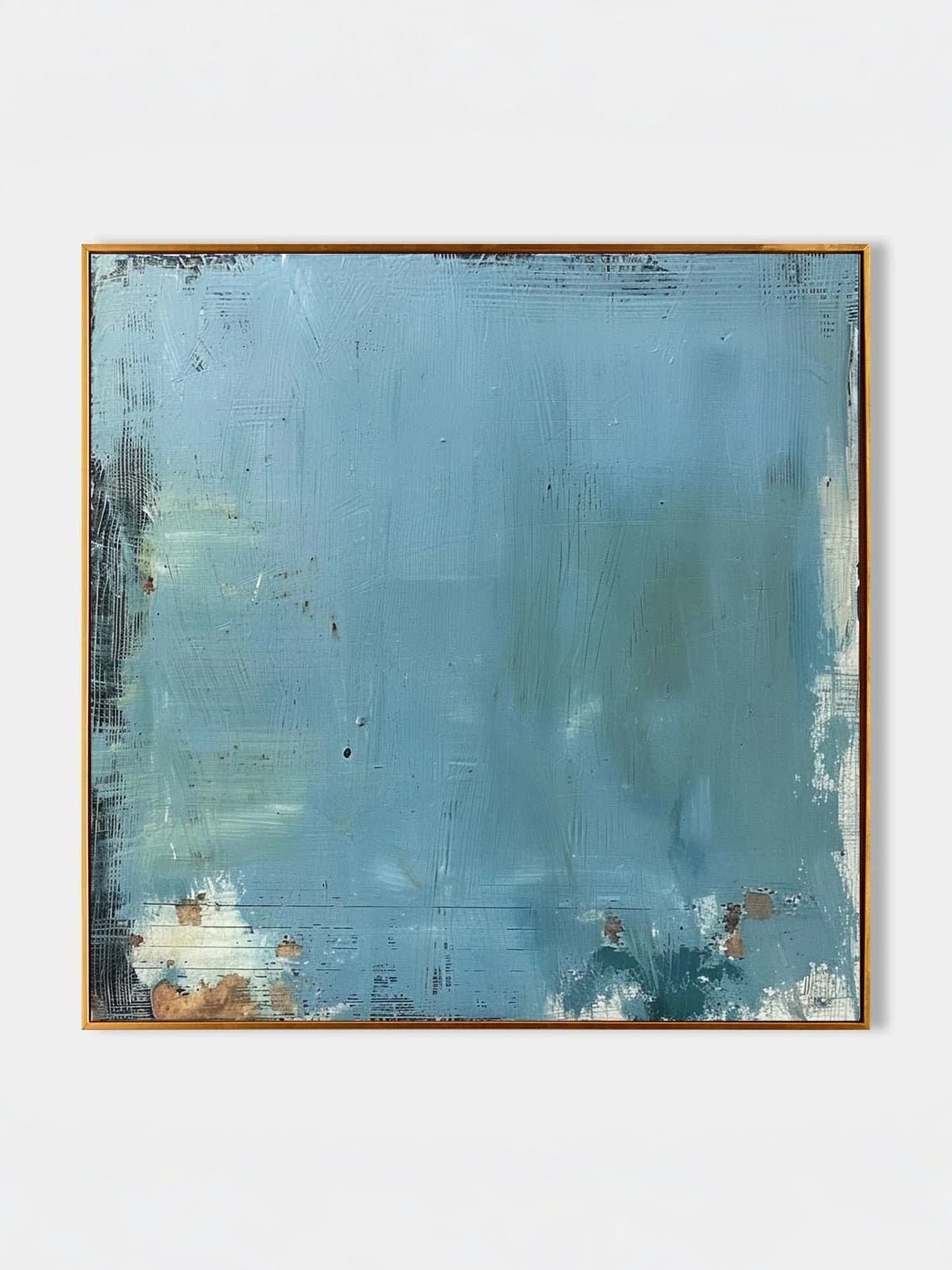 Large blue distressed textured abstract oil painting hand-painted on canvas by Akari Kobayashi, with a floating gold frame on a white background. Perfect for a living room wall.