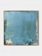 Large blue distressed textured abstract oil painting hand-painted on canvas by Akari Kobayashi, with a floating gold frame on a white background. Perfect for a living room wall.