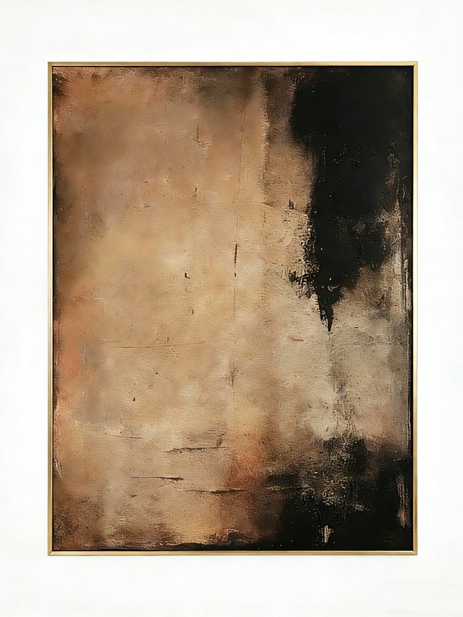 Large vertical hand-painted abstract painting with heavy 3D texture in amber, brown, and black tones by Akari Kobayashi in a modern living room.