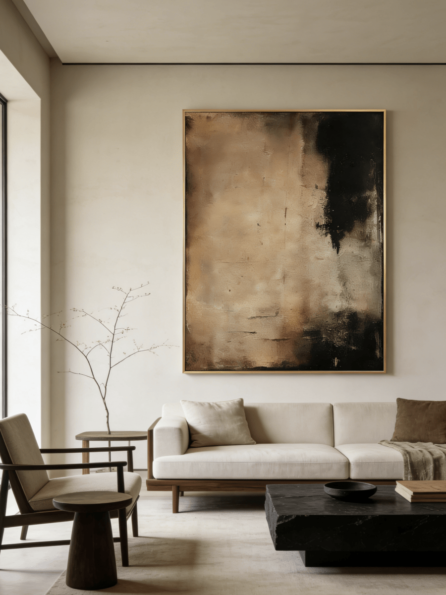 Large vertical hand-painted abstract painting with heavy 3D texture in amber, brown, and black tones by Akari Kobayashi in a modern living room.