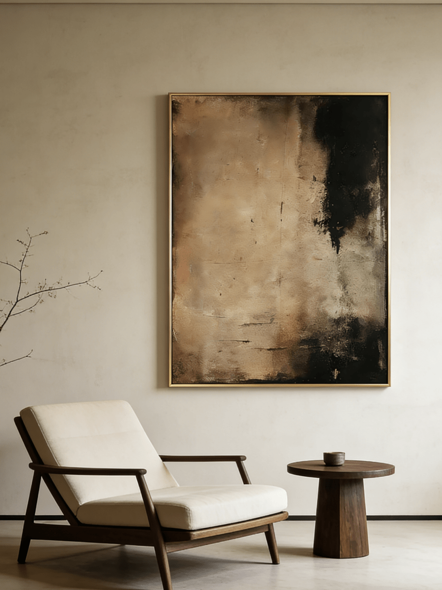 Large vertical hand-painted abstract painting with heavy 3D texture in amber, brown, and black tones by Akari Kobayashi in a modern living room.