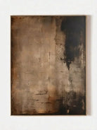 Large vertical hand-painted abstract painting with heavy 3D texture in amber, brown, and black tones by Akari Kobayashi in a modern living room.