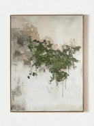 Hand-painted forest green and gold abstract textured canvas wall art by Akari Kobayashi for modern living room decor.