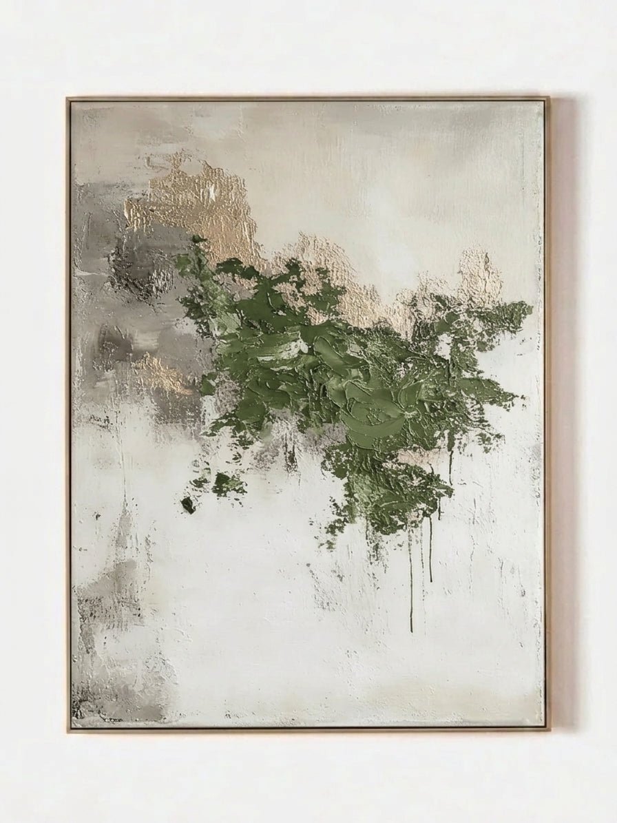 Hand-painted forest green and gold abstract textured canvas wall art by Akari Kobayashi for modern living room decor.