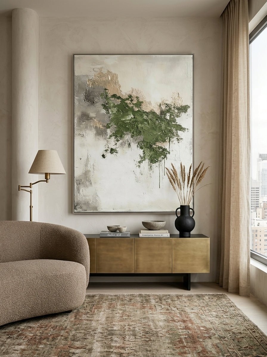 Hand-painted forest green and gold abstract textured canvas wall art by Akari Kobayashi for modern living room decor.