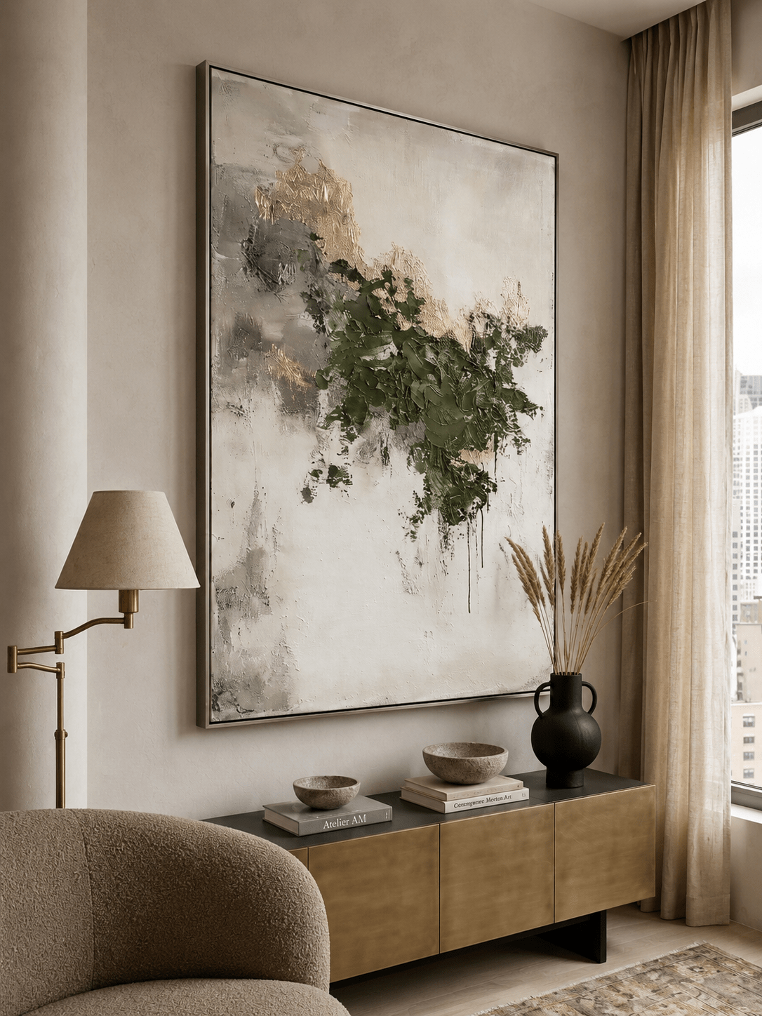 Hand-painted forest green and gold abstract textured canvas wall art by Akari Kobayashi for modern living room decor.