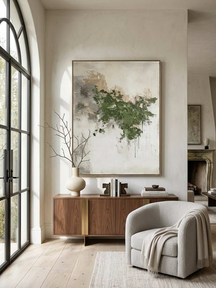 Hand-painted forest green and gold abstract textured canvas wall art by Akari Kobayashi for modern living room decor.