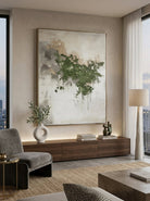 Hand-painted forest green and gold abstract textured canvas wall art by Akari Kobayashi for modern living room decor.