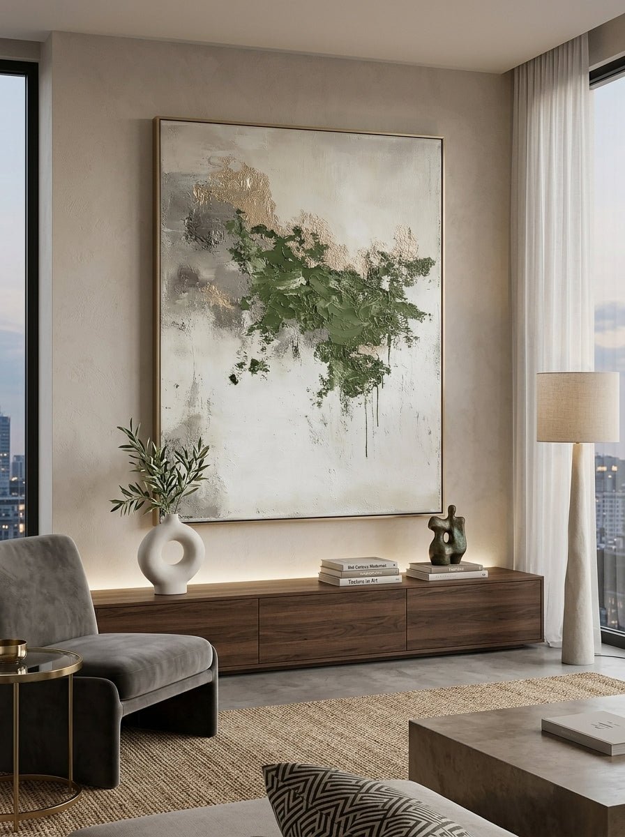 Hand-painted forest green and gold abstract textured canvas wall art by Akari Kobayashi for modern living room decor.