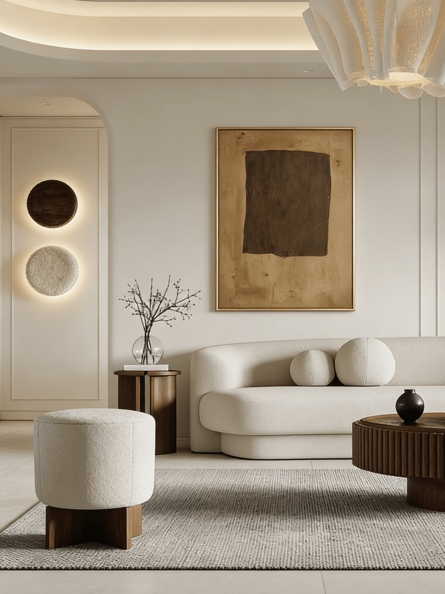 Large hand-painted abstract art by featuring a dark brown rectangle on a caramel ochre background with rich texture in a gold frame.