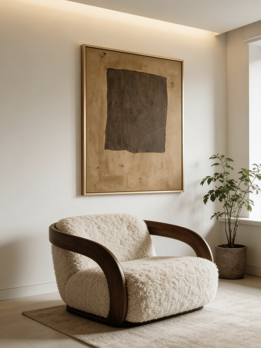 Large hand-painted abstract art by featuring a dark brown rectangle on a caramel ochre background with rich texture in a gold frame.