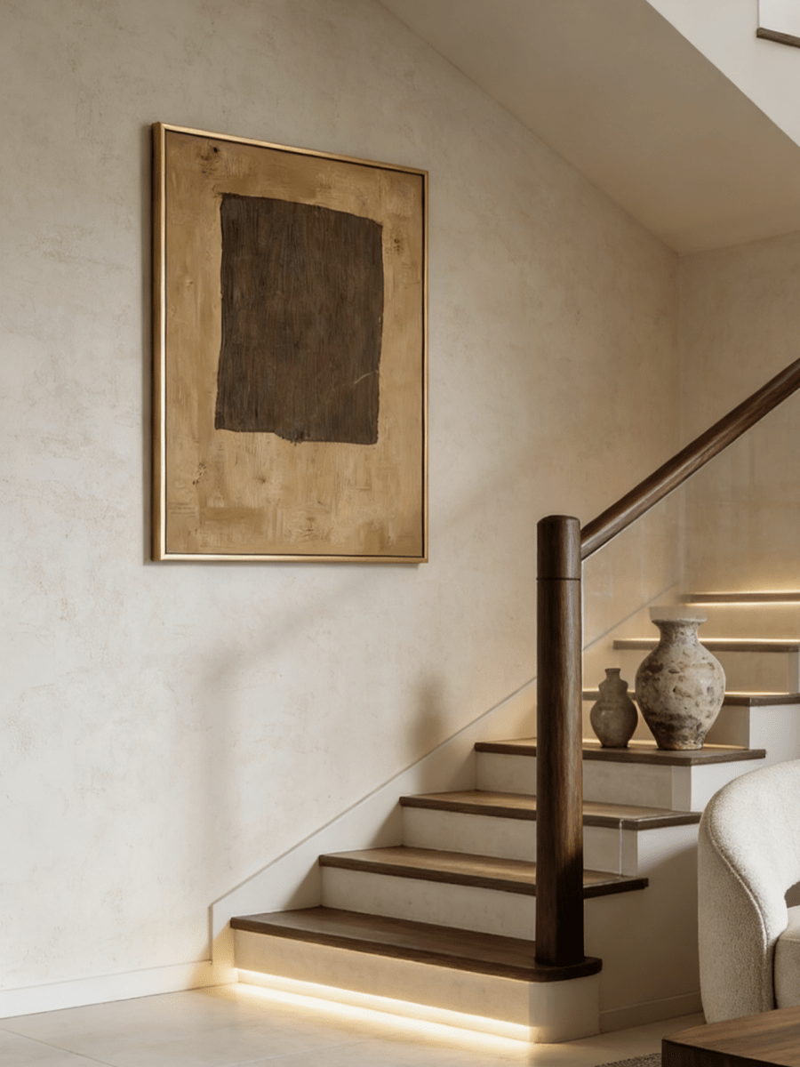 Large hand-painted abstract art by featuring a dark brown rectangle on a caramel ochre background with rich texture in a gold frame.