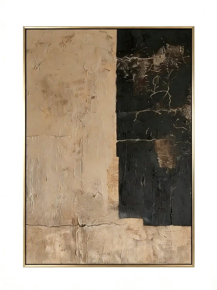 Large vertical hand-painted abstract painting with black and beige color blocks and heavy texture by Akari Kobayashi in a modern living room.