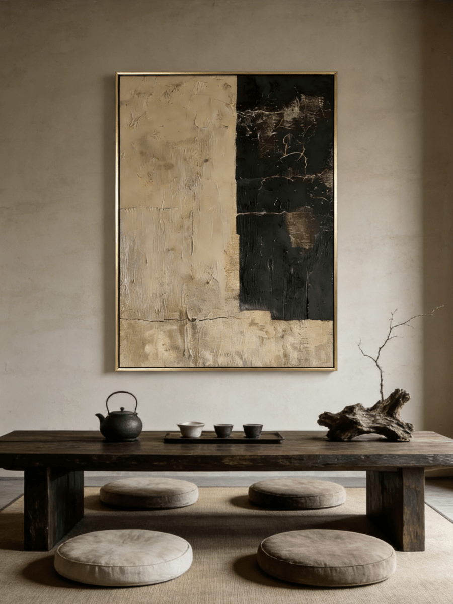 Large vertical hand-painted abstract painting with black and beige color blocks and heavy texture by Akari Kobayashi in a modern living room.