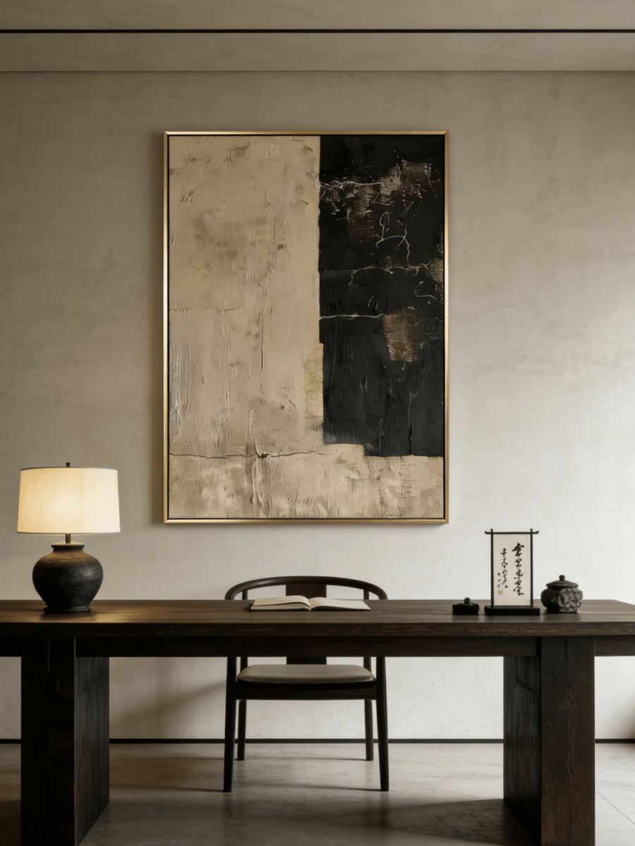 Large vertical hand-painted abstract painting with black and beige color blocks and heavy texture by Akari Kobayashi in a modern living room.