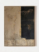 Large vertical hand-painted abstract painting with black and beige color blocks and heavy texture by Akari Kobayashi in a modern living room.